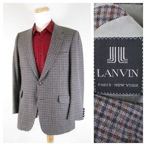 Vintage Lanvin Mens Gray Brown Check Plaid 100% Wool Sport Coat Jacket Size 40R